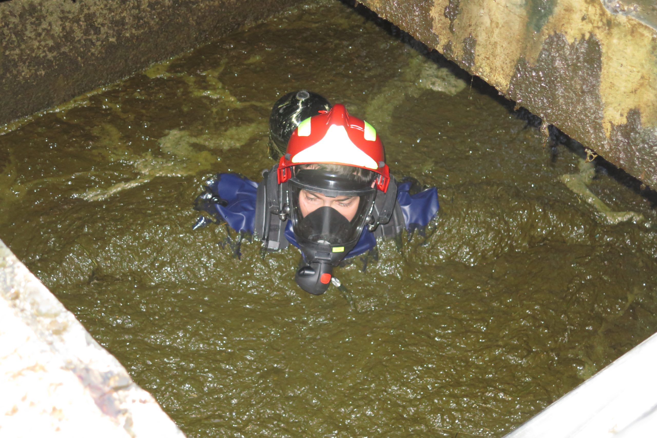 Taucher in Schutzausrüstung mit rotem Helm und Atemmaske schwimmt in trübem Gewässer bei einer Tierrettung.